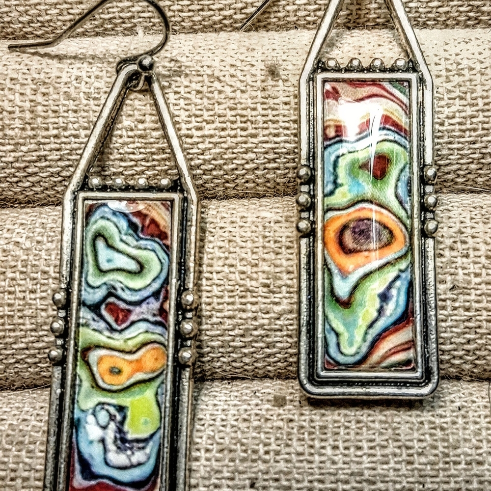 Handcrafted Multicolor Rectangular Drop Earrings - Silver-Tone Frame - Picture 2 of 3